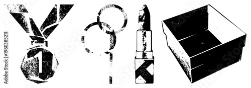 Grungy black and white vector first place medal, wedding rings, lipstick, gift box. Retro distressed style. Isolated objects with texture. Cutout design for graphic use.