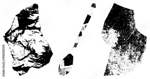 Stylized rock fragments rendered in halftone dot, abstract geological forms, textured vector shapes, graphic design elements.