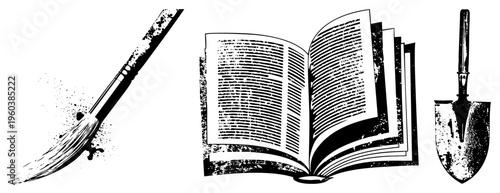 Creative tools including paintbrush, open book, shovel, stylized, halftone texture, black and white vector, artistic symbols.