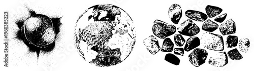 Stylized globe with halftone texture, planet Earth, geological fragments, vector art, black and white, graphic design element.