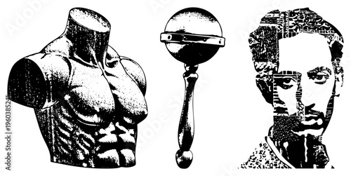 Stylized muscular torso, classic wooden rattle toy, halftone portrait bust all rendered in bold black vector graphics with textured shading and isolated foreground elements.