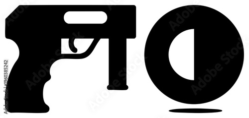 Stylized firearm paired with circular emblem, vector graphic, minimalist logo, corporate branding, security symbol, abstract, flat design.