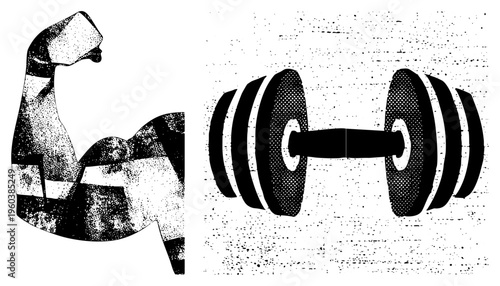 Strong flexed bicep silhouette next to dumbbell, fitness, bodybuilding graphic, gym equipment, black and white halftone vector, athletic strength, workout symbol.
