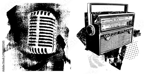 Classic studio microphone and 1950s boombox radio rendered in halftone, vintage gear, retro tech, black and white vector illustration.