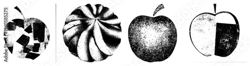Stylized illustrations using halftone, fragmented, solid, and split designs., digital vector art, graphic design elements,, abstract fruit.