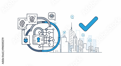 Technology and security cityscape with padlock.