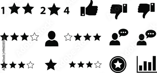 Stars and Feedback Icons: A collection of star ratings and social feedback icons, symbolizing various levels of assessment, opinion, and interaction for reviews or services.