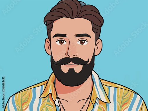 Young man with a beard and mustache wearing a colorful shirt poses against a blue backdrop while looking at the viewer