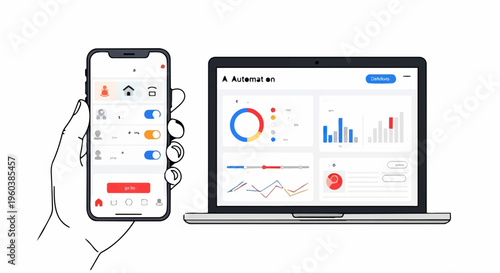 A hand holding a mobile phone next to a laptop displaying graphs and charts.
