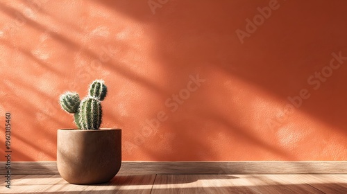 Minimalist Cactus in a Pot with Warm Sunlight Shadows on Orange Wall.