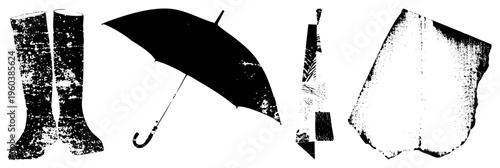 Weatherproof rubber boots, classic umbrella,, draped fabric grunge textured vector for rainwear and urban fashion, isolated flat design elements.
