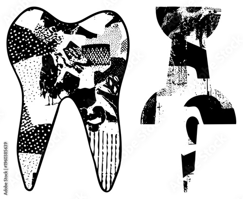 Tooth section and dental tool rendered in black and white, halftone shading, graphic design, medical illustration, stylized dental anatomy, vector art, isolated elements.