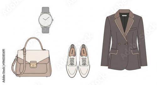 Fashionable outfit with blazer shoes handbag and watch on white background for style inspiration