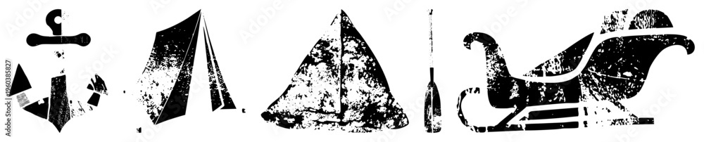 Obraz premium Weathered anchor, tent, sailboat, paddle, sleigh rustic travel symbols, distressed vector, retro adventure motifs, outdoor gear silhouettes.