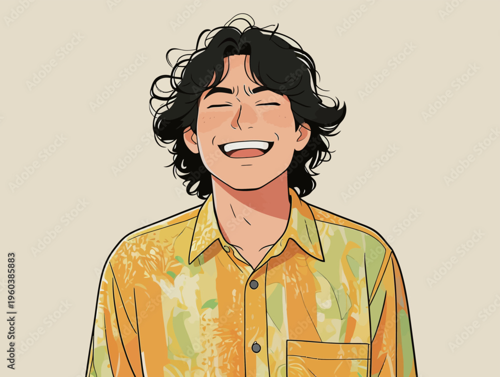 Fototapeta premium Man smiles and shows happiness while wearing a colorful shirt in a simple setting