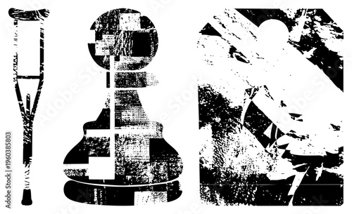 Graphic of a crutch, chess piece, and abstract human form with halftone texture, vector design, distressed aesthetic, medical and gaming symbolism.