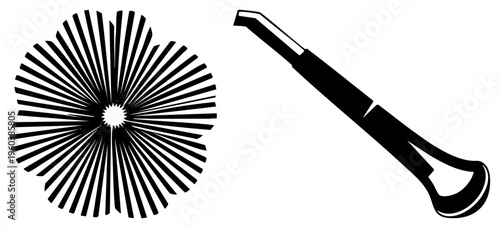 Black and white vector illustration featuring radial burst and dental instrument, medical tool, dental, hygiene, diagnostic tool, isolated graphic, cutout design.