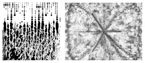 Vector art using halftone dot gradients, stippling textures, radial symmetry, and density contrast for graphic design, print, or digital art.