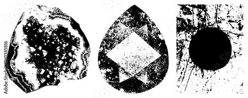 Vector halftone shapes agate like crystal, teardrop with diamond, circular void. Stylized forms with grainy texture,, isolated graphic elements.