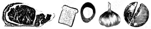 Classic black and white engraved food, rustic kitchen staples, vintage culinary art, halftone texture, food illustration set.