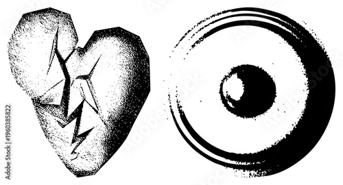 Two symbolic shattered heart with jagged cracks and stylized eye with concentric rings, rendered in halftone dot, vector art, emotional and psychological symbolism.
