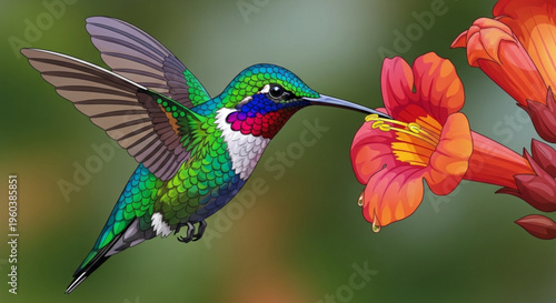 Vibrant hummingbird feeding on colorful orange flower in flight with green background
