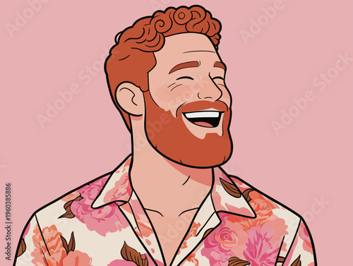 Man with curly red hair smiles while wearing a floral shirt against a pink background
