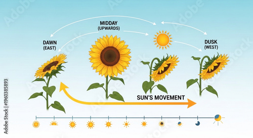 Sunflower tracking sun's movement throughout day with heliotropism