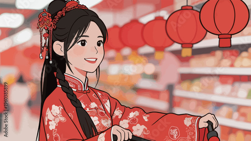 Young woman in traditional outfit shopping in a market with red decorations and lanterns during a festive time