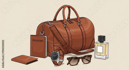 Brown leather travel accessories including duffel bag passport wallet watch sunglasses and cologne on beige background