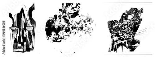 Fragmented abstract forms with halftone textures, vector art, graphic design elements, bold shapes, modern art, composition, stylized.