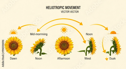 Sunflower heliotropic movement vector illustration showing daily growth stages