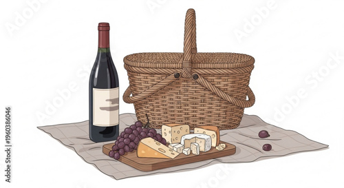 Wine and cheese picnic setup with wicker basket on blanket outdoors