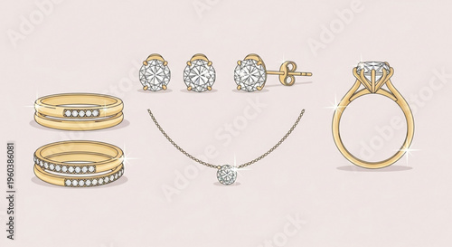 Luxury gold and diamond jewelry set with rings earrings and necklace on beige background