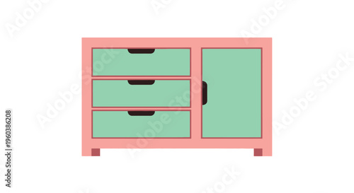 Simple illustration of a pink sideboard with three drawers and a cabinet