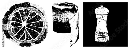 Black and white halftone illustrations of citrus section, toilet paper, and pepper mill minimalist vector for kitchen or bathroom themes, stylized with dot and clean.