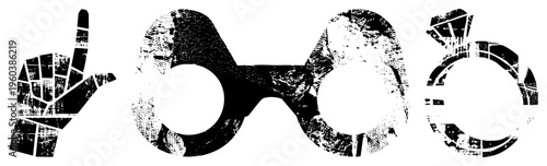 Stylized black symbols with distressed texture finger pointing up, aviator goggles, diamond ring. Graphic design elements, urban street art, isolated.