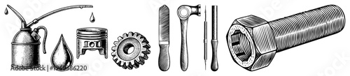 Classic mechanical tools including oil can, piston, gear, wrench, screwdriver, and hex bolt, rendered in halftone engraving style for technical or industrial design use.