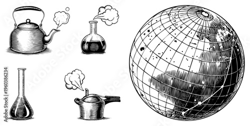 Classic lab flasks, kettle, and celestial globe rendered in vintage engraving style, scientific instruments, educational illustration, historical cartography.