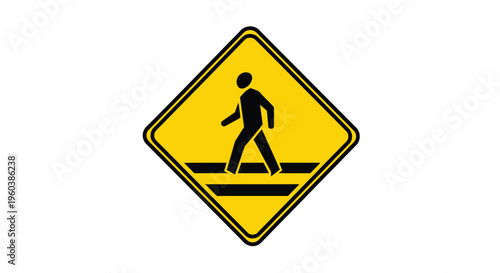 Yellow diamond shaped sign depicting a pedestrian crossing a road