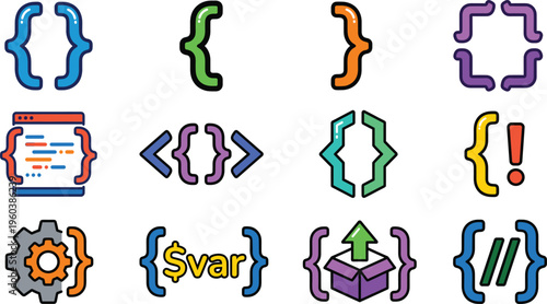 Programming code brackets colorful icons set developer syntax software engineering symbols script braces coding vector collection elements