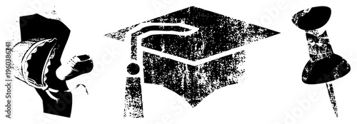 Academic symbols including mortarboard, graduation gown, and pushpin, halftone texture, vector illustration, education themed graphics.