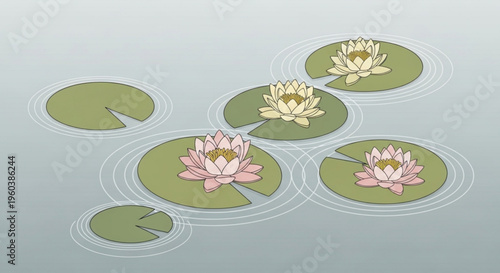 Pink and white lotus flowers on green lily pads in calm water with ripples serene natural scenery