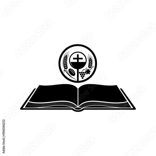 Christianity Bible Open Book with Sacred Communion Symbols Emblem Graphic