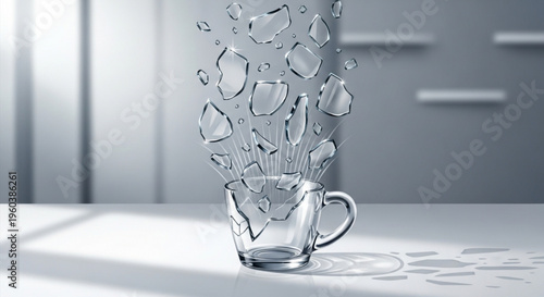 Shattered glass mug explodes with ice cubes on white table in modern kitchen