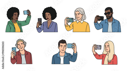 Diverse people taking selfies with smartphones. Men and women of various ages and ethnicities capturing content. Flat vector illustration.