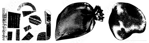 Fragmented geometric blocks, textured sack silhouette, irregular organic mass all in halftone vector art. Abstract composition with gritty texture and stark contrast.