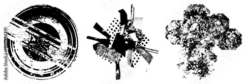 Black and white graphic art with distressed textures, halftone dots, geometric, and layered grunge. Vector abstract design for digital, posters, or branding.