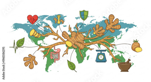 Herbal medicine roots grow around a world map with natural remedy symbols