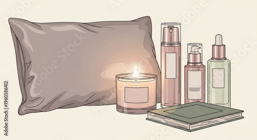 Relaxation setup with pillow skincare products candle and notebook on a table